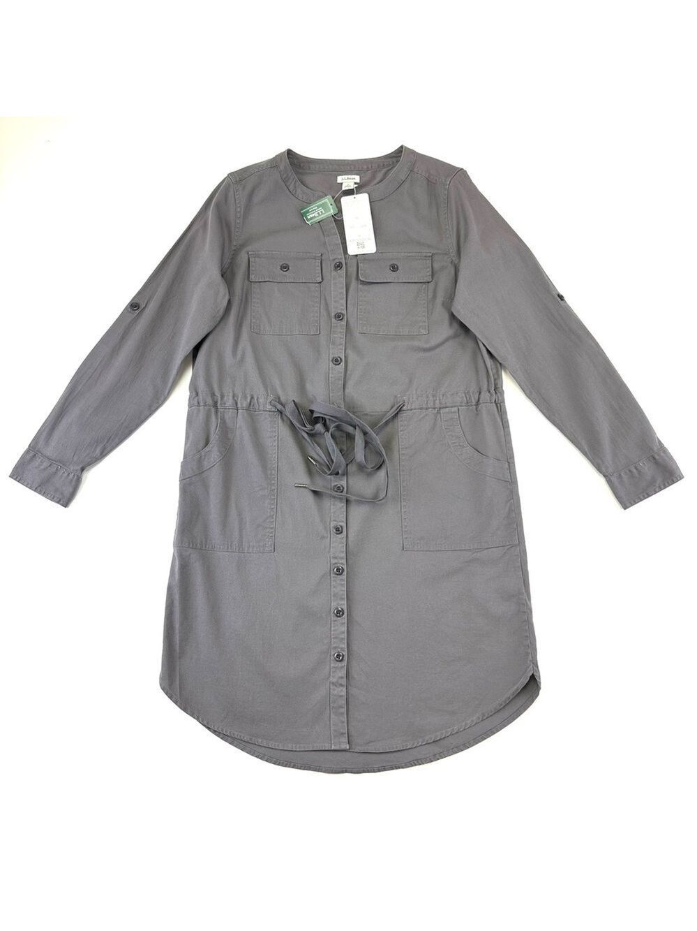 LLBean grey utility dress NEW cotton comfort Tencel drawstring waist Normcore
